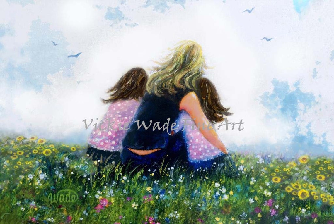Blonde Mother Embracing Two Daughters in a Field of Wildflowers Poster