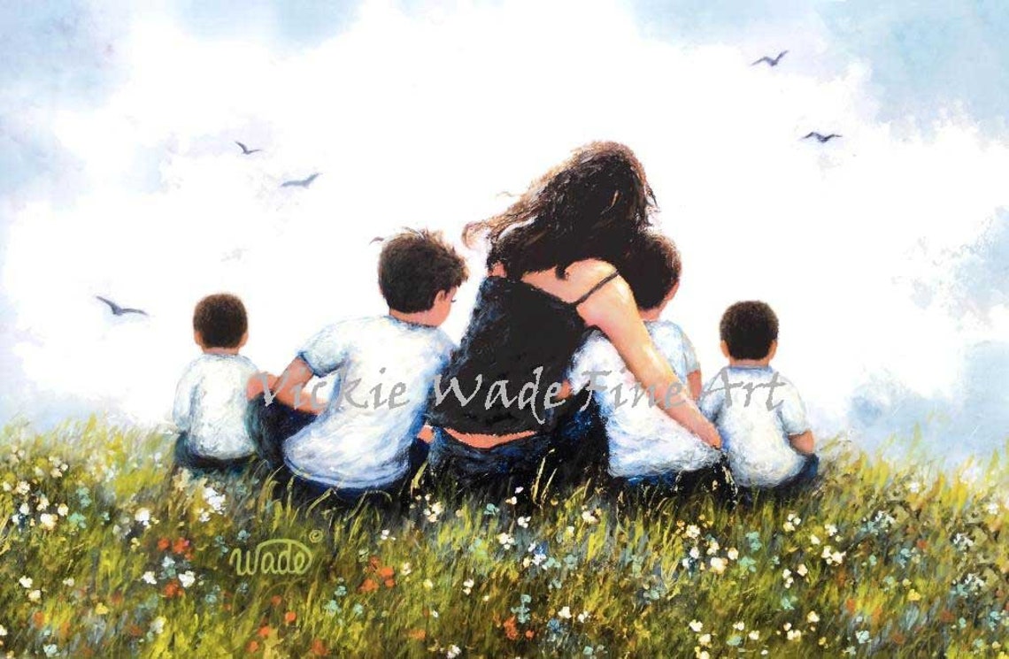 Mother Sitting In A Meadow With Her Four Boys All Together Poster