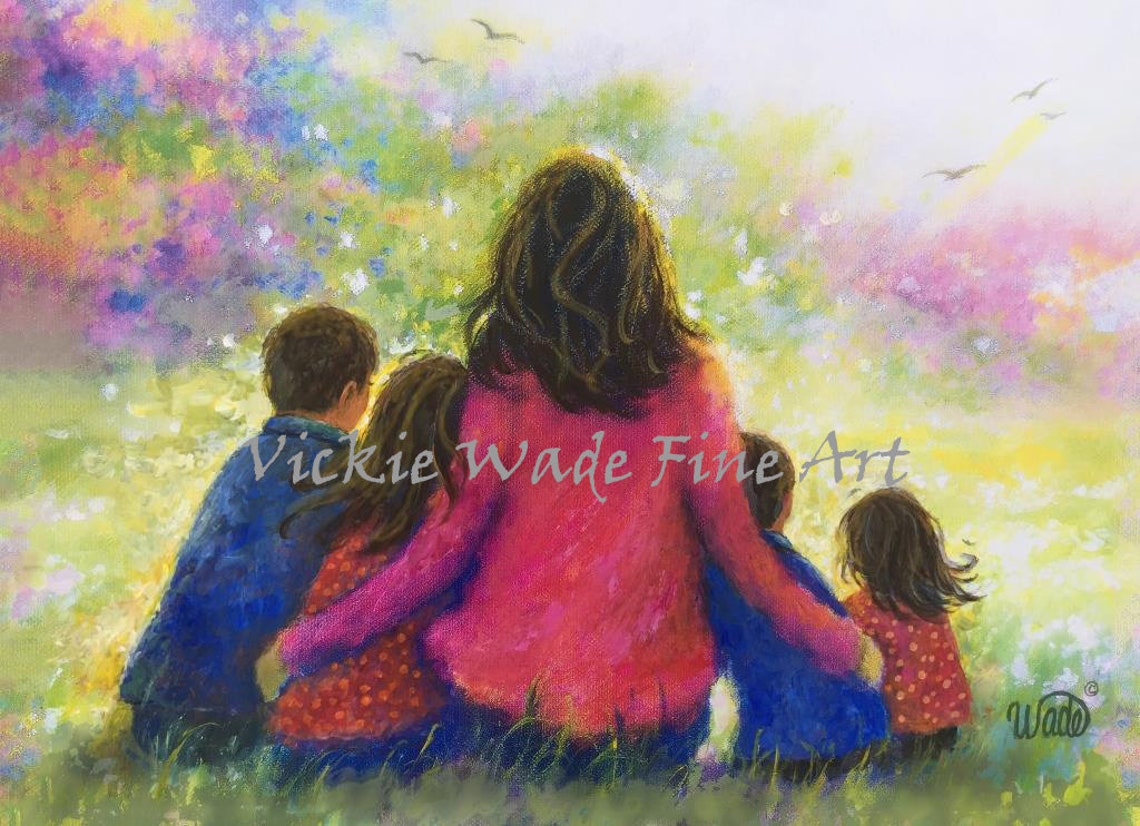 Mother Tenderly Hugging Four Children in a Blooming Garden Poster