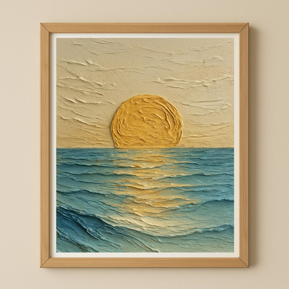 Golden Sun over Teal Ocean Waves Textured Impasto Seascape Poster