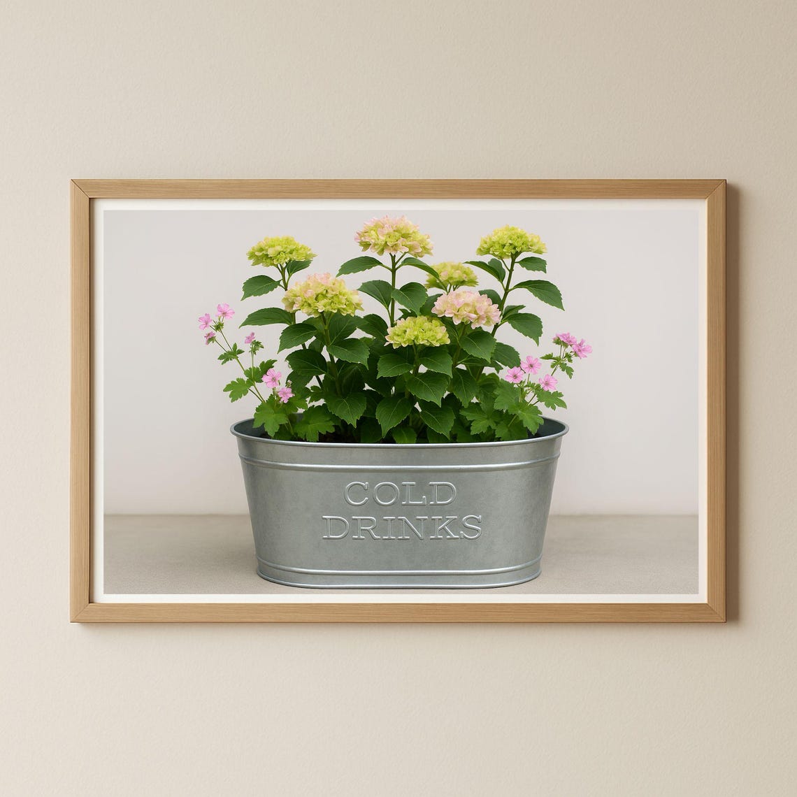 Hydrangea Flowers In Vintage Metal Tub Cold Drinks Botanical Print