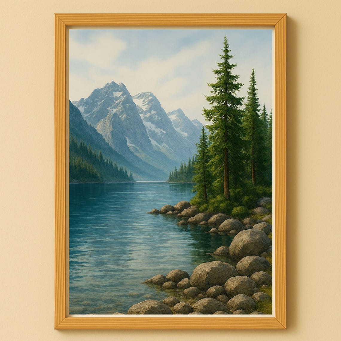 Mountain Lake Pine Trees Rocky Shore Serene Alpine Scenery Wall Print