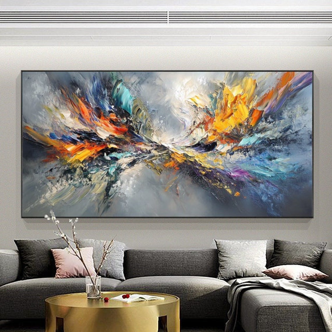 Soft Gray Abstract With Fiery Orange And Blue Brushstrokes Art Poster - Image 4