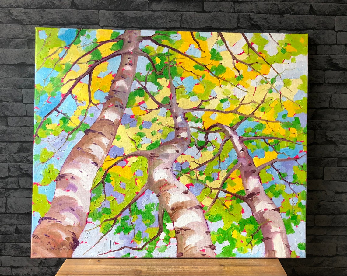 Birch Trunks Yellow Green Leaves Blue Sky Upward View Art Poster - Image 2