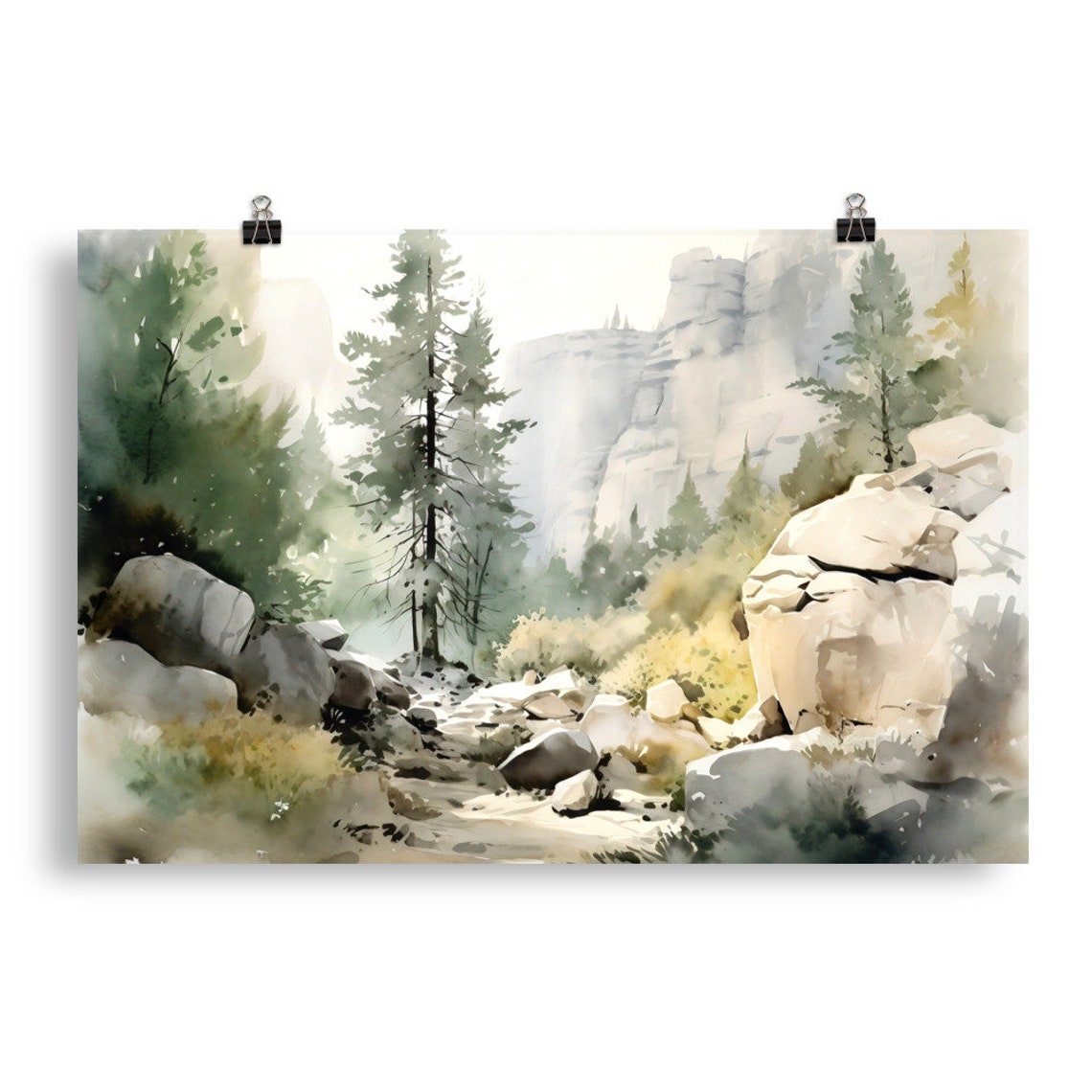Rocky Forest Stream Watercolor Painting with Pines and Cliffs Poster - Image 5