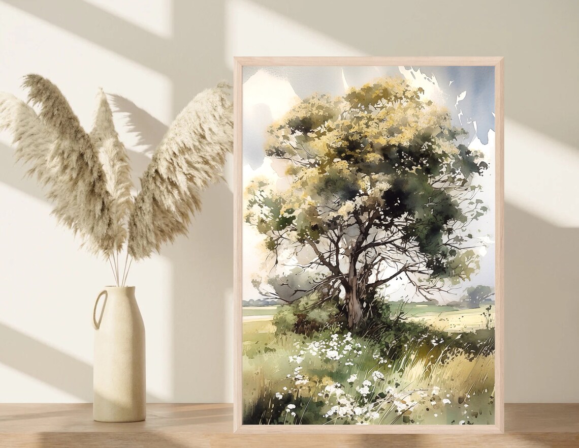 Tree Painting Summer Country Landscape Watercolor Art Print - Image 5