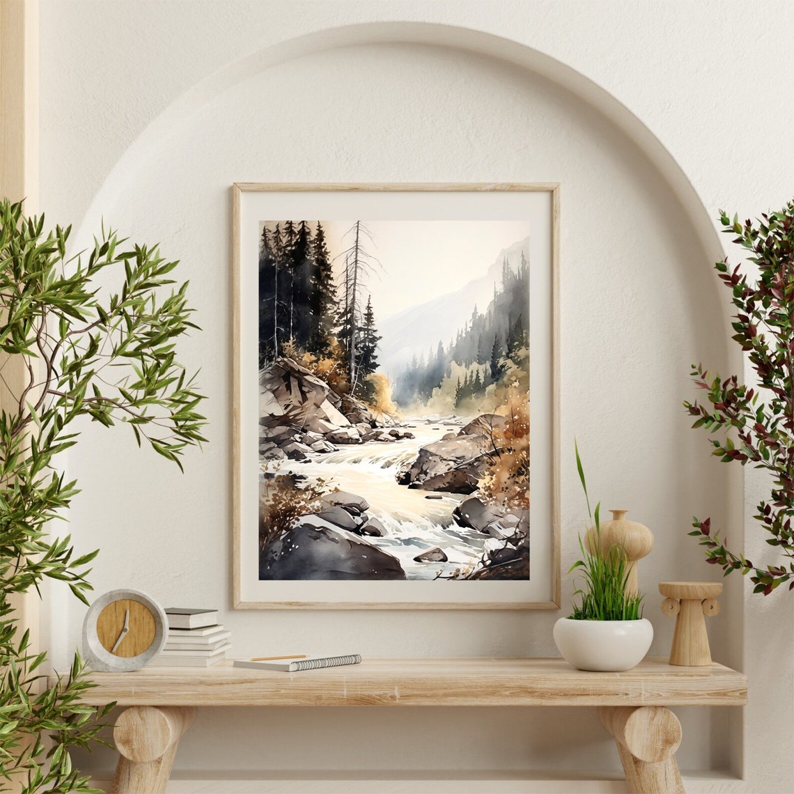 Mountain River Watercolor Landscape Fall Wall Art Print Home Decor Gift - Image 2