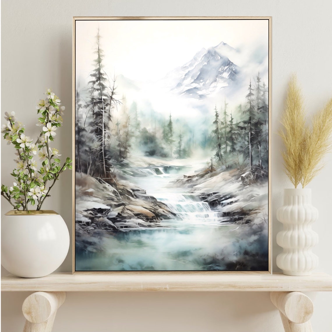 Misty Cascading River Watercolor with Pines Rocks and Peak Poster - Image 4