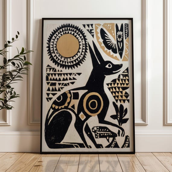 Traditional Mexican Feline Poster Abstract Geometric Folk Art Print On Matte Paper