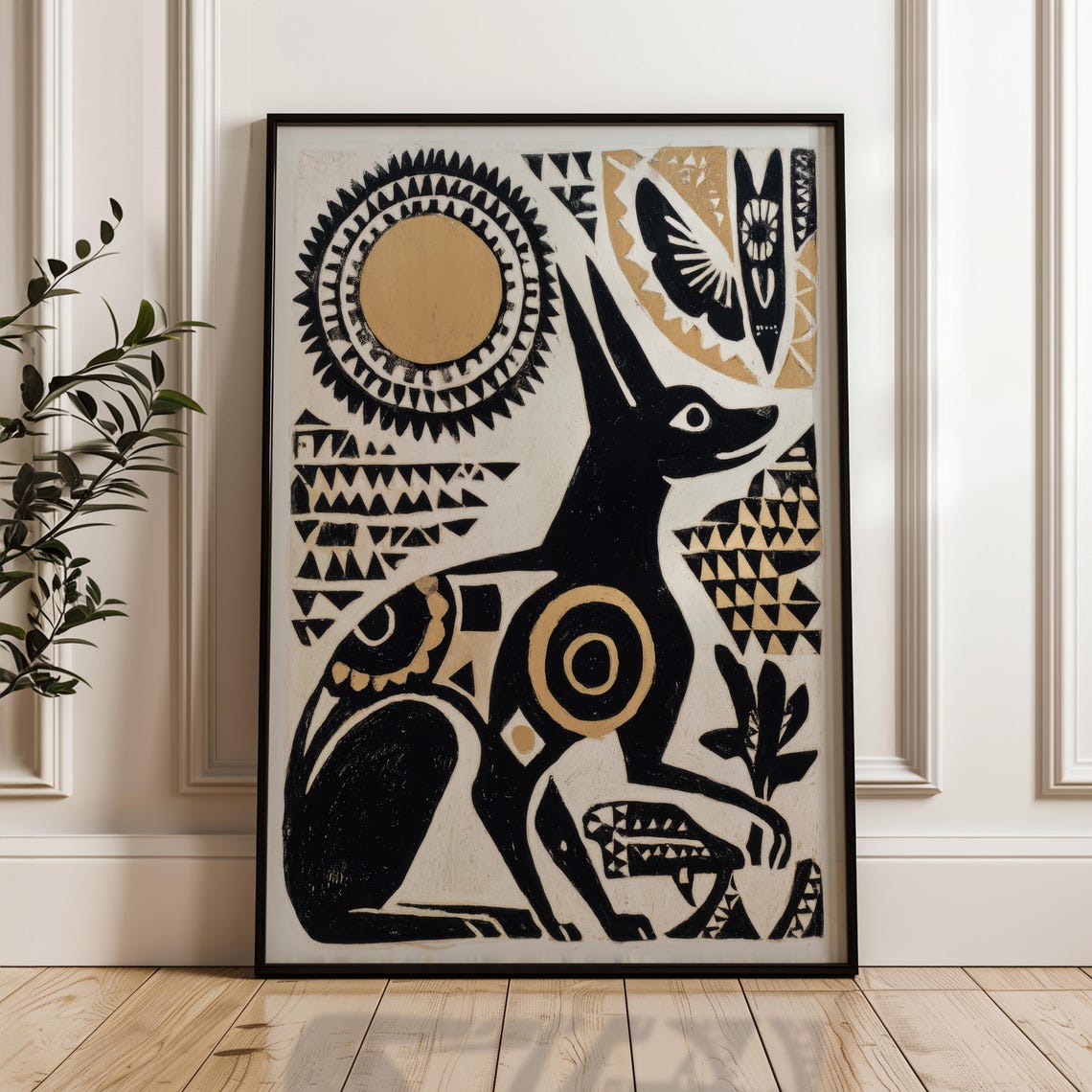 Black And Gold Stylized Wild Feline Sun Abstract Folk Art Poster