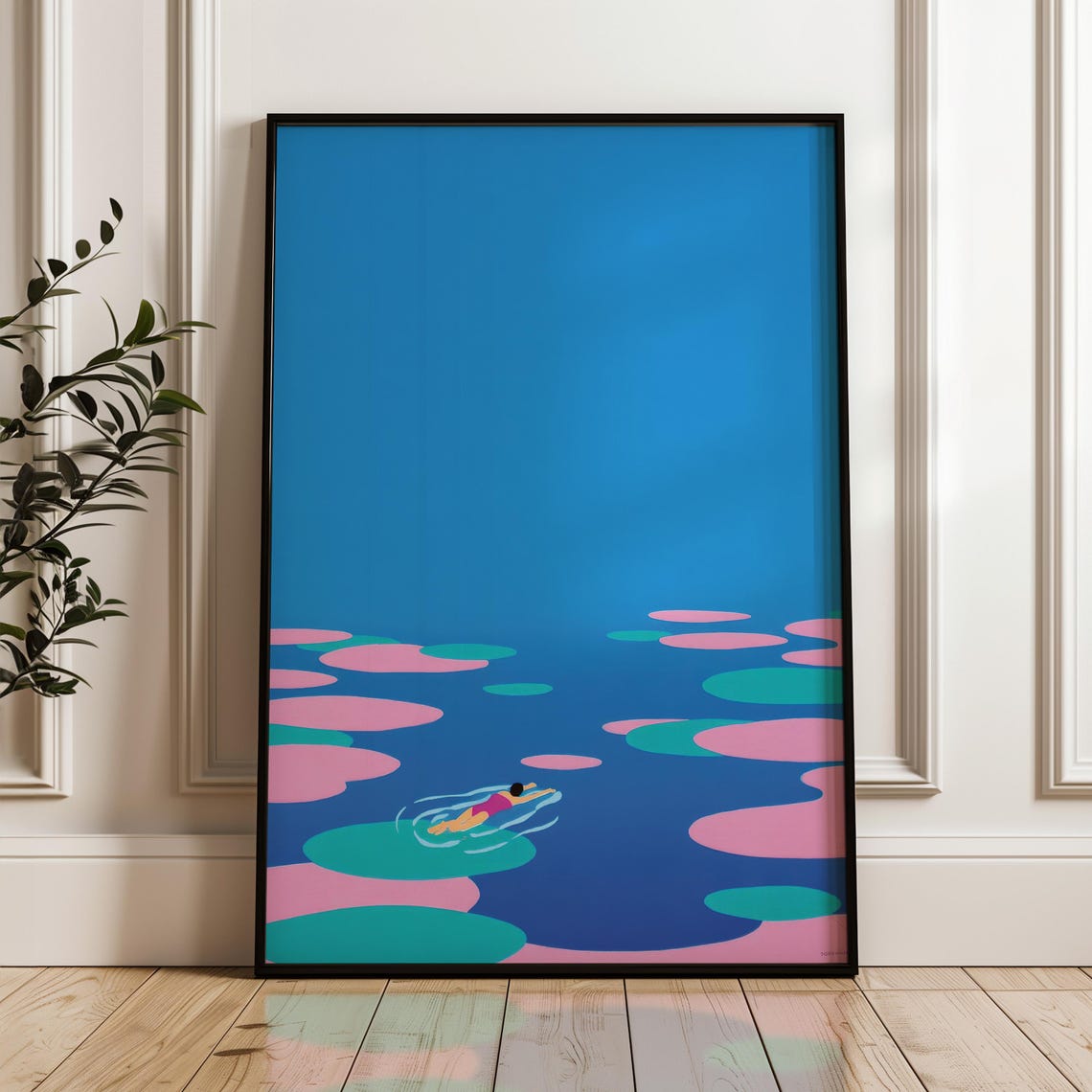 Minimal Swimmer in Blue Lake with Pink Lily Pads Pop Art Poster