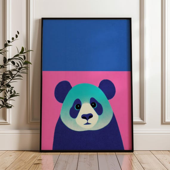 Minimal Panda Art Print Modern Pop Poster Blue And Pink Wall Decor Playful Home