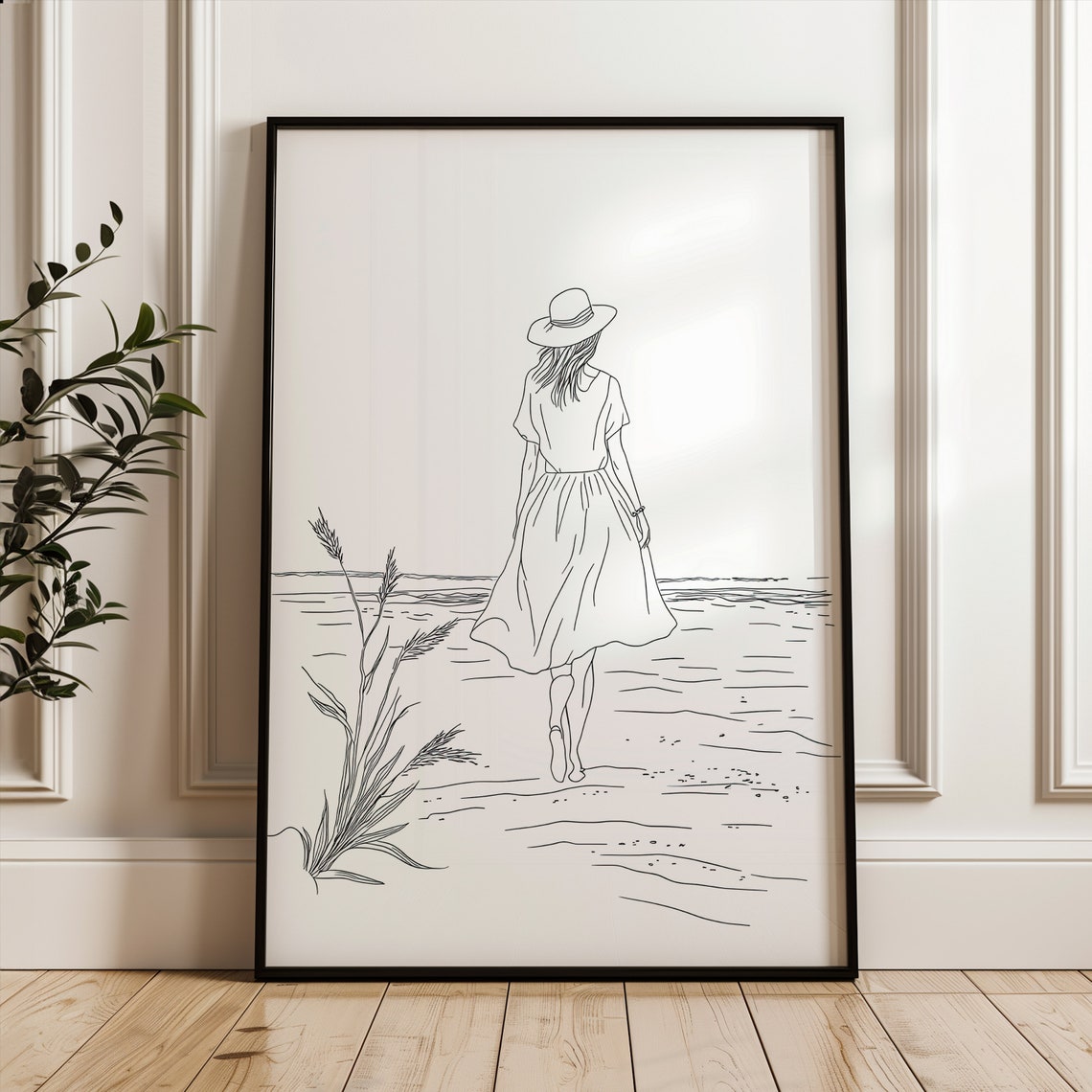Woman In Sunhat Walking Beach Shoreline Minimalist Line Art Poster