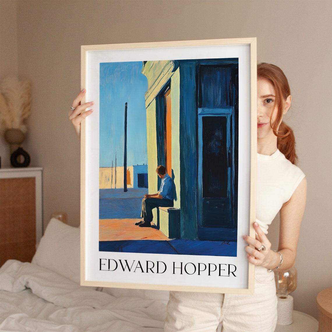 Edward Hopper Style Seated Man Sunlit Street Blue Building Poster