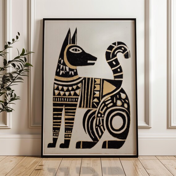 Black Gold Geometric Cat Mexican Folk Style Abstract Art Poster