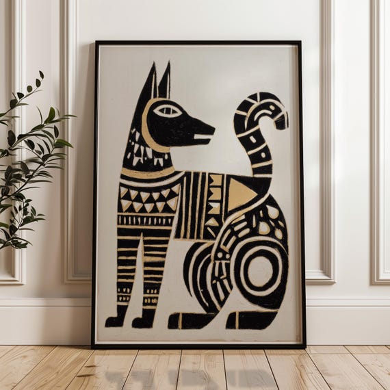 Traditional Mexican Cat Poster Abstract Geometric Feline Folk Art Print On Matte Paper