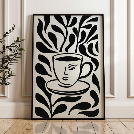 Minimalist Black And Beige Coffee Cup Face Steam Leaves Wall Art