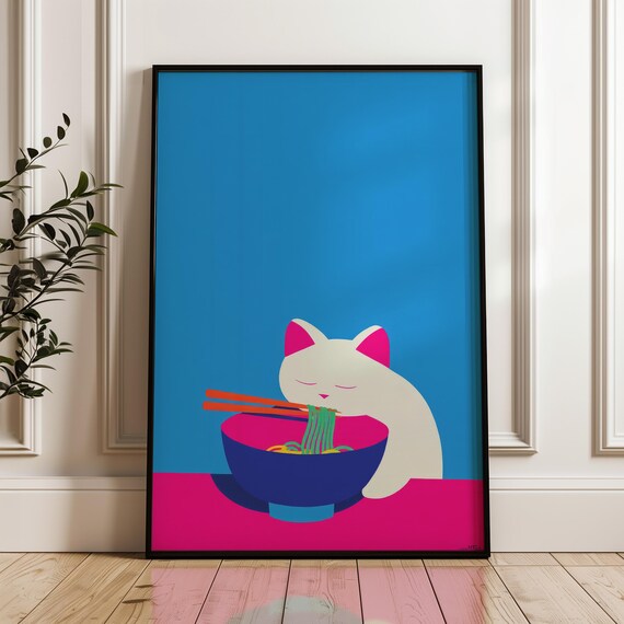 Minimalist Cat Eating Ramen Chopsticks Bowl Blue Pink Pop Art Print