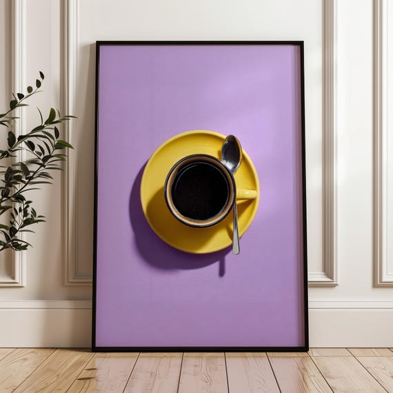 Yellow Coffee Cup Poster Violet Purple Background