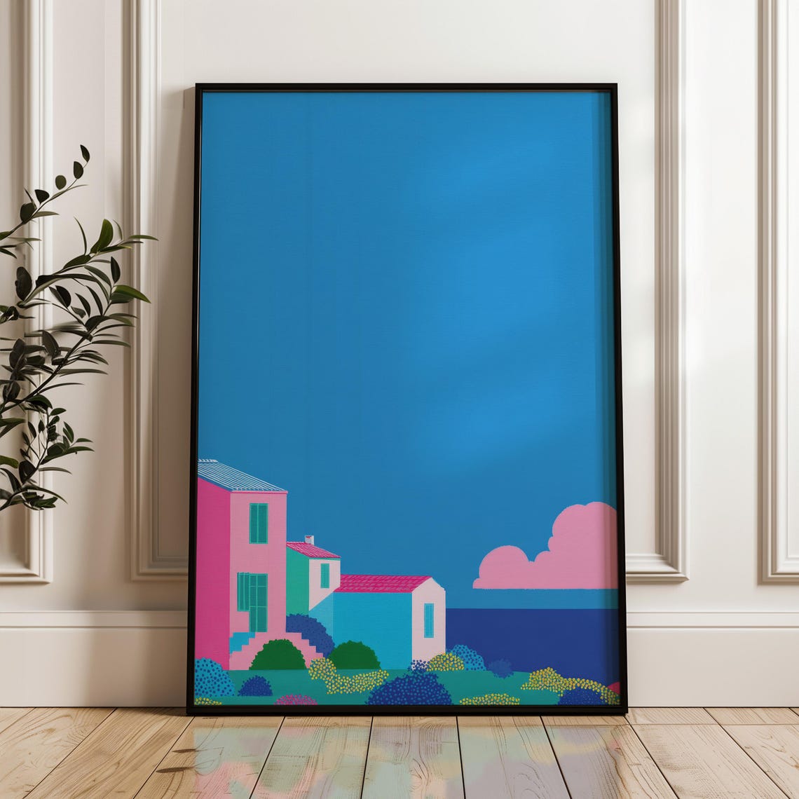 Colorful Coastal Village By The Sea With Pink And Blue Houses Poster