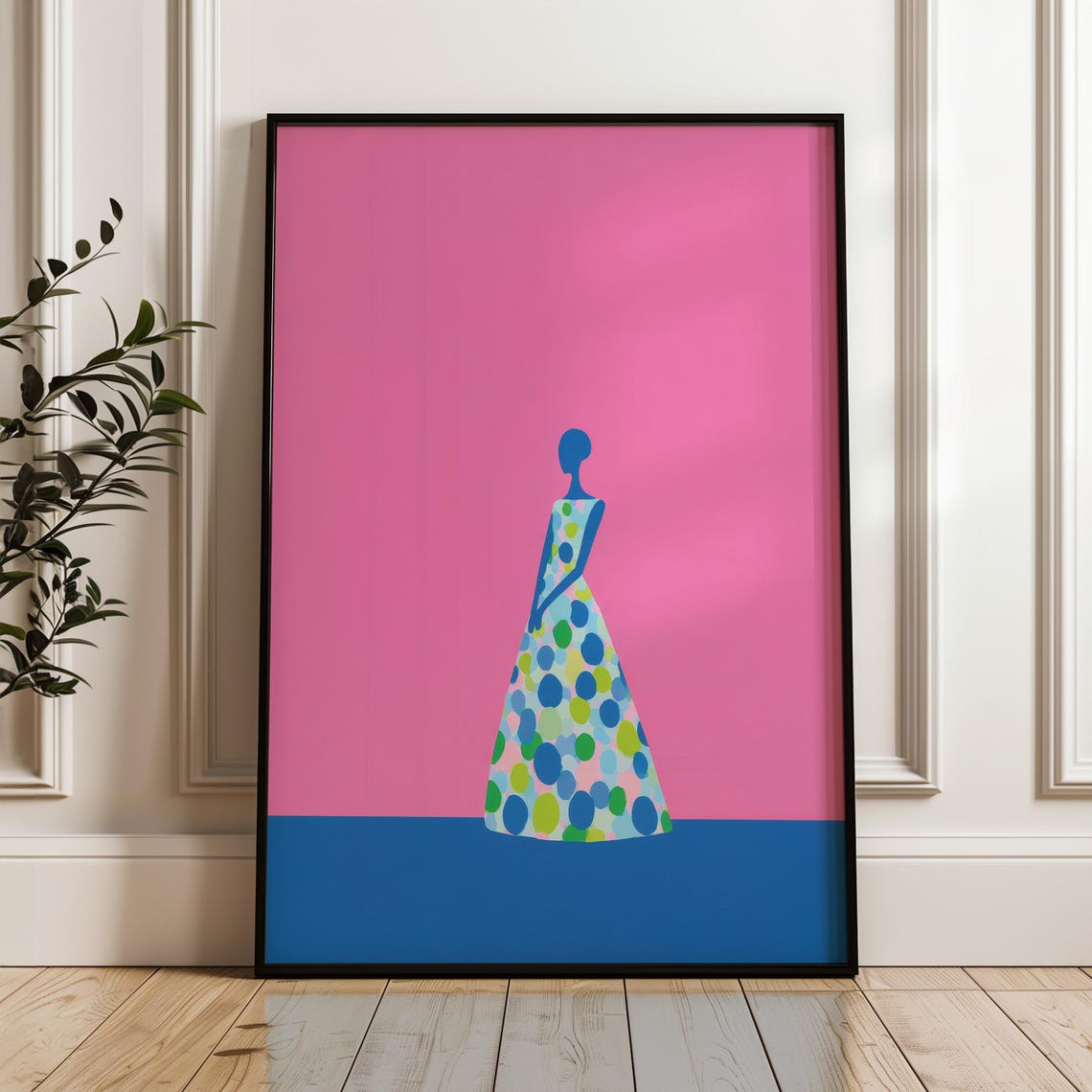 Woman Silhouette Polka Dot Gown Poster Pink Blue Fashion Art
