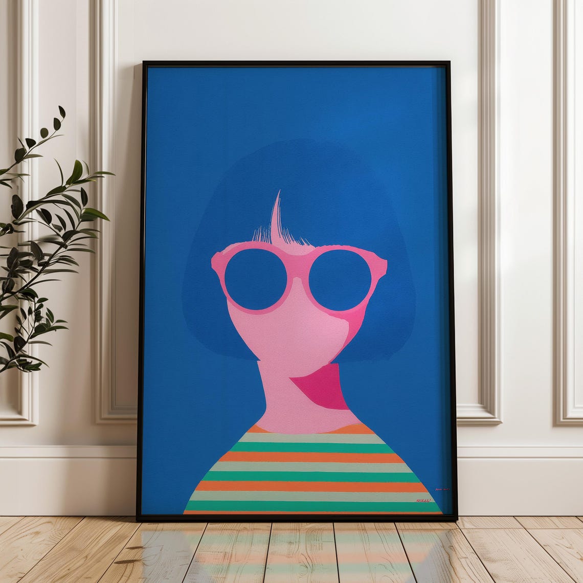 Retro Bob Hair Girl Pink Sunglasses Striped Shirt Pop Art Poster