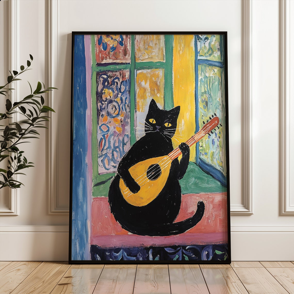Black Cat Playing Mandolin by Colorful Stained Glass Window Art Poster