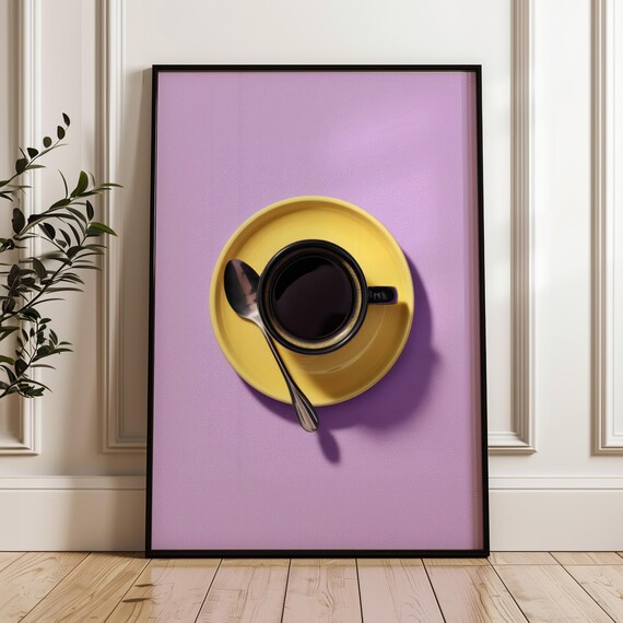 Yellow Coffee Cup on Purple Minimal Bold Modern Kitchen Poster