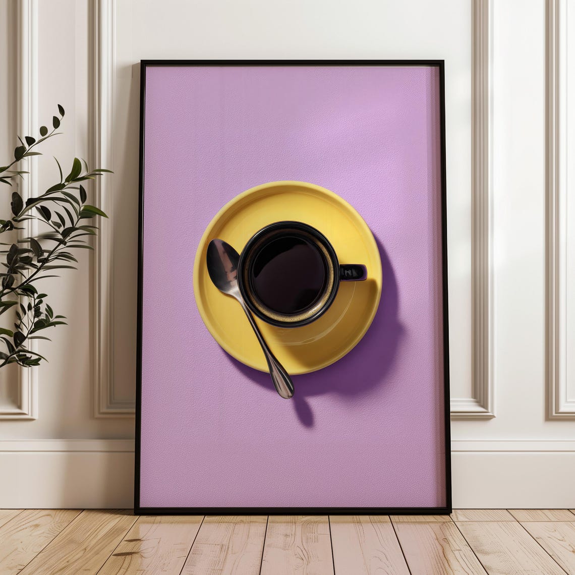 Yellow Coffee Cup on Purple Minimal Bold Modern Kitchen Poster