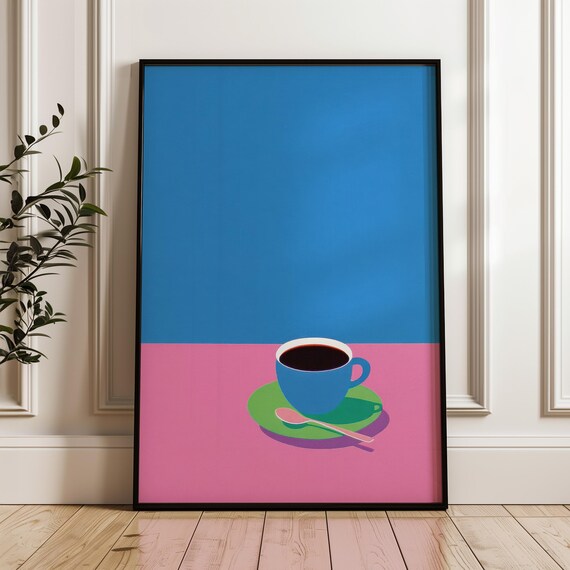 Minimal Coffee Cup Pop Art Print Blue Pink And Green Modern Style