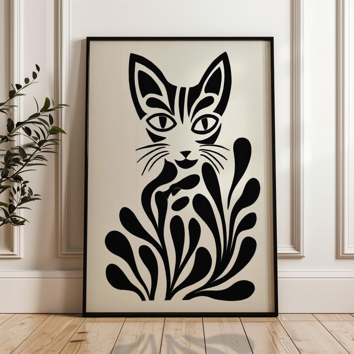 Minimalist Cat Poster Black And Beige Print Modern Organic Wall Art Scandinavian Home