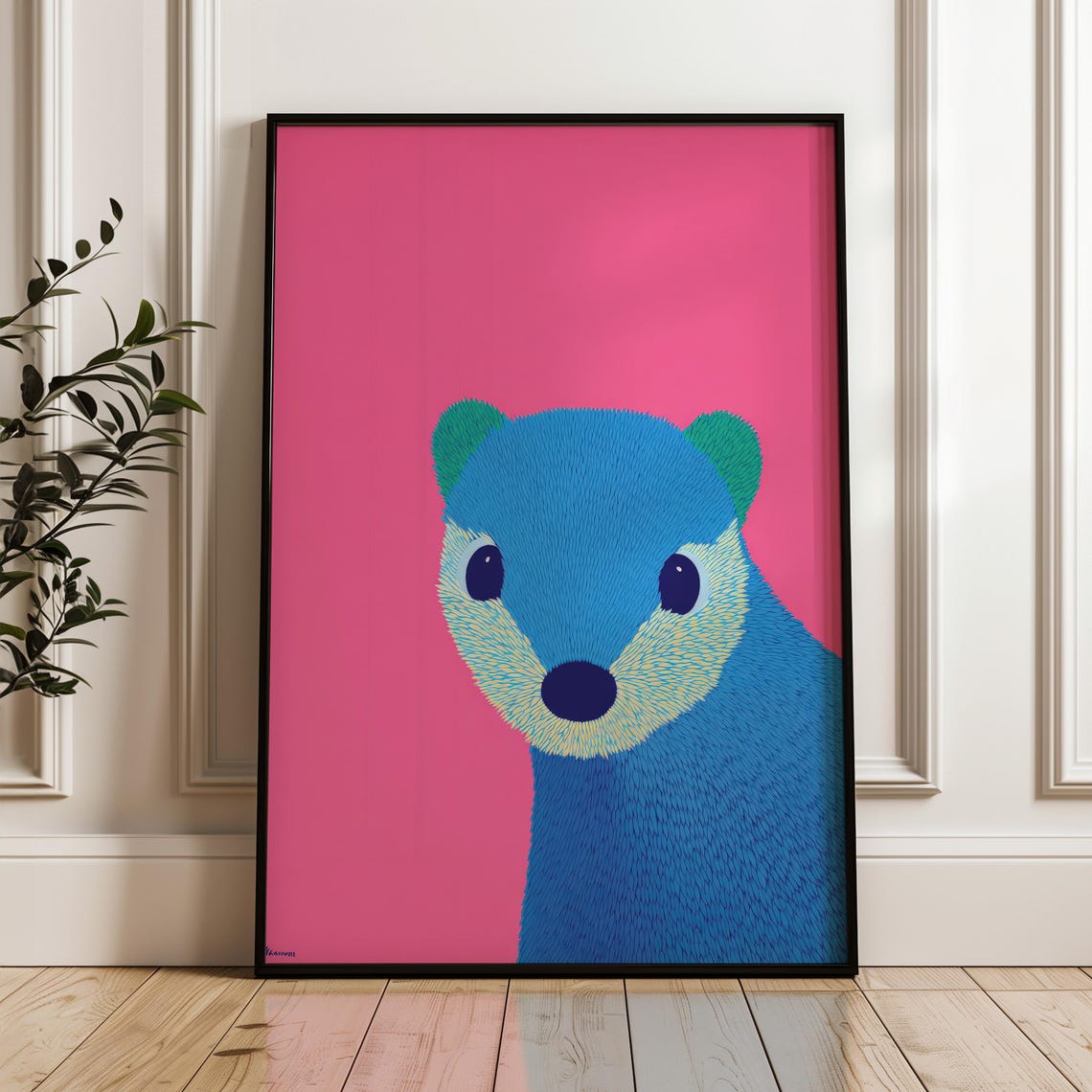 Minimal Playful Blue Bear Face Pop Art Poster in Green Ears on Pink