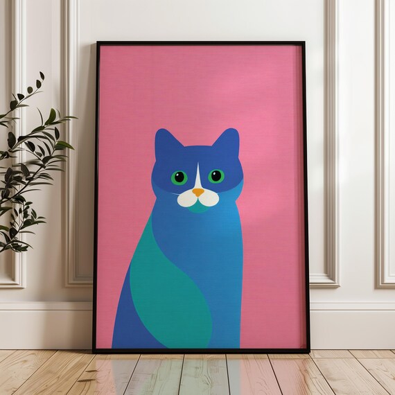Cute Blue Cat Minimal Pop Art Poster Pink Background Green Eyes