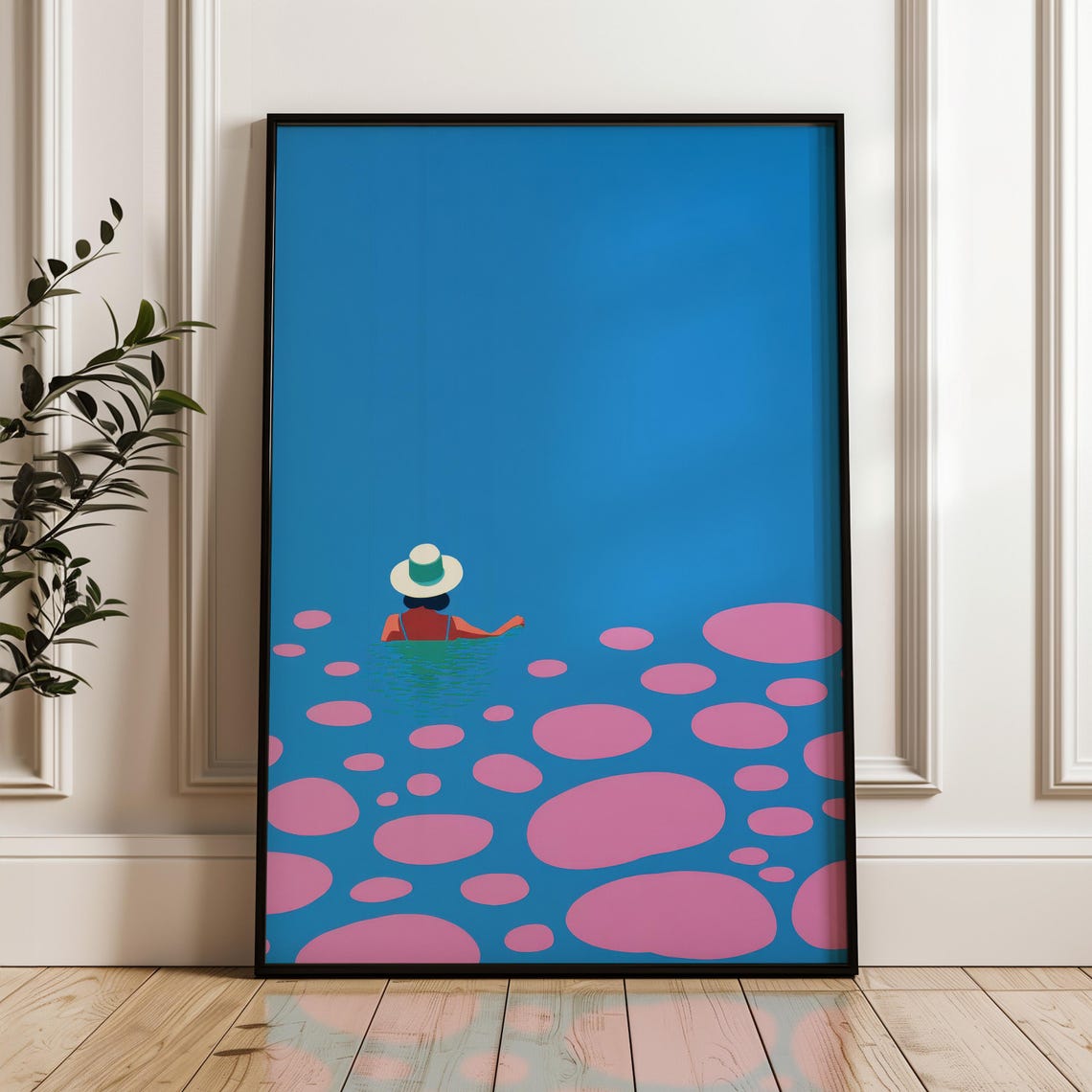 Swimmer With Sun Hat In Blue Water With Pink Reflections Poster
