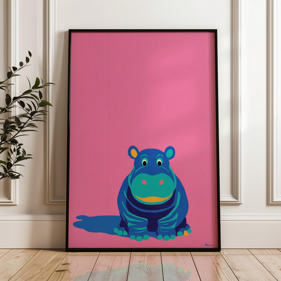 Minimal Hippo Art Print Modern Pop Poster Blue And Pink Wall Decor Playful Home