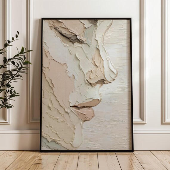 Neutral Abstract Face Profile Palette Knife Textured Beige Wall Art