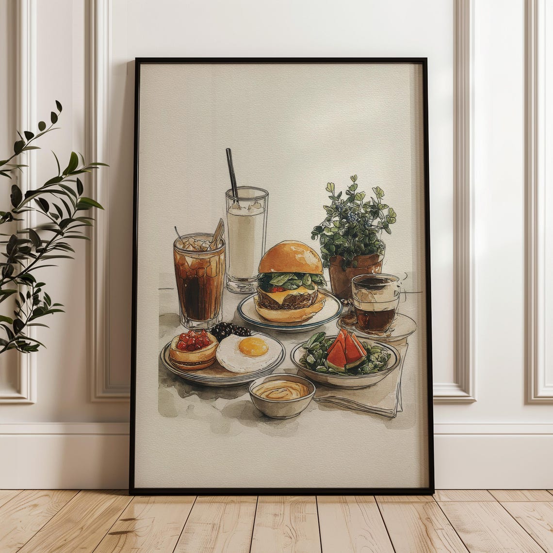 Handdrawn Brunch Spread Burger Eggs Drinks Food Illustration Poster
