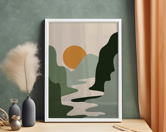 Green Mountains Print Neutral Wall Art Landscape Illustration Boho Art Prints Sunset Wall Decor Mid Century Modern Print