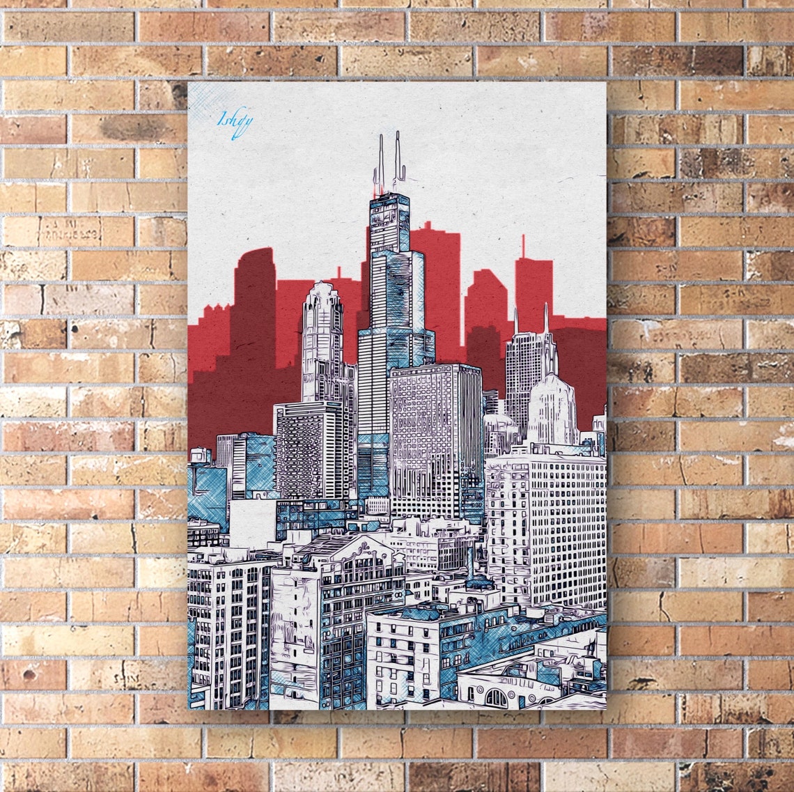 Chicago Skyline Line Art in Red and Blue Graphic Style Poster