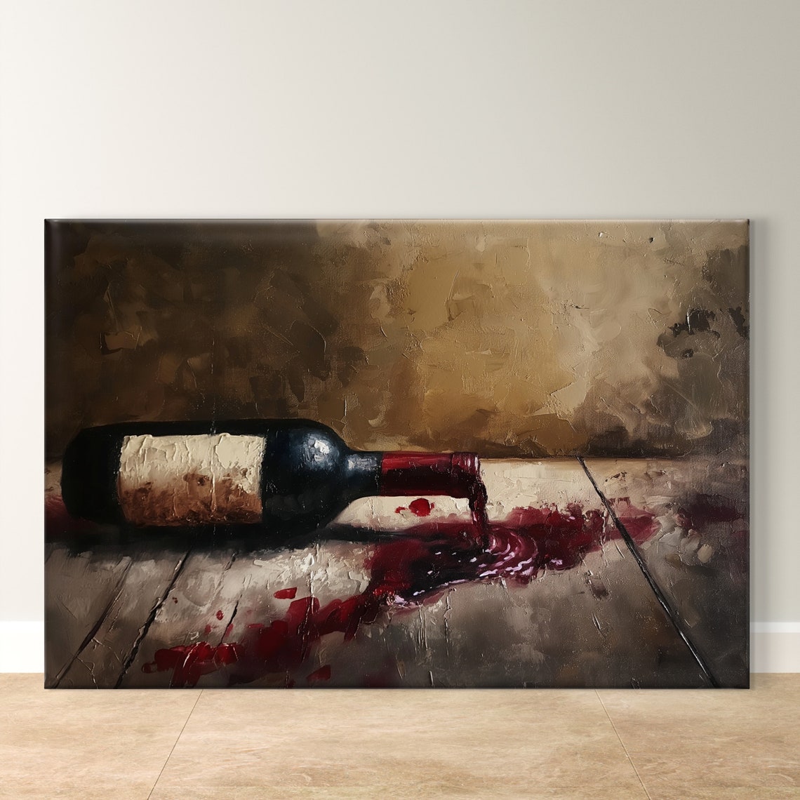 Toppled Wine Bottle Spilling Red Wine Rustic Kitchen Decor Art Poster