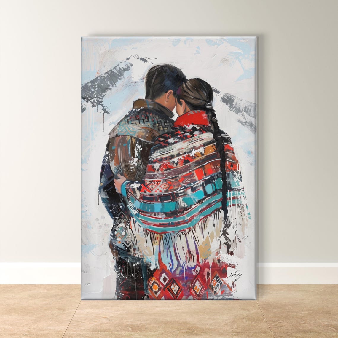 Sami Couple Snowy Embrace Nordic Winter Love Heritage Poster