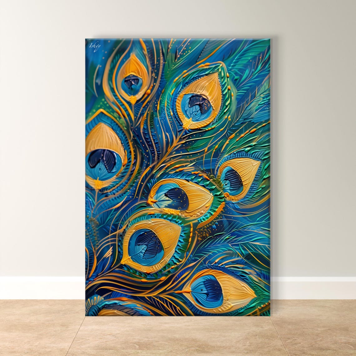 Peacock Feathers Electric Blue Gold Swirling Detail Art Poster