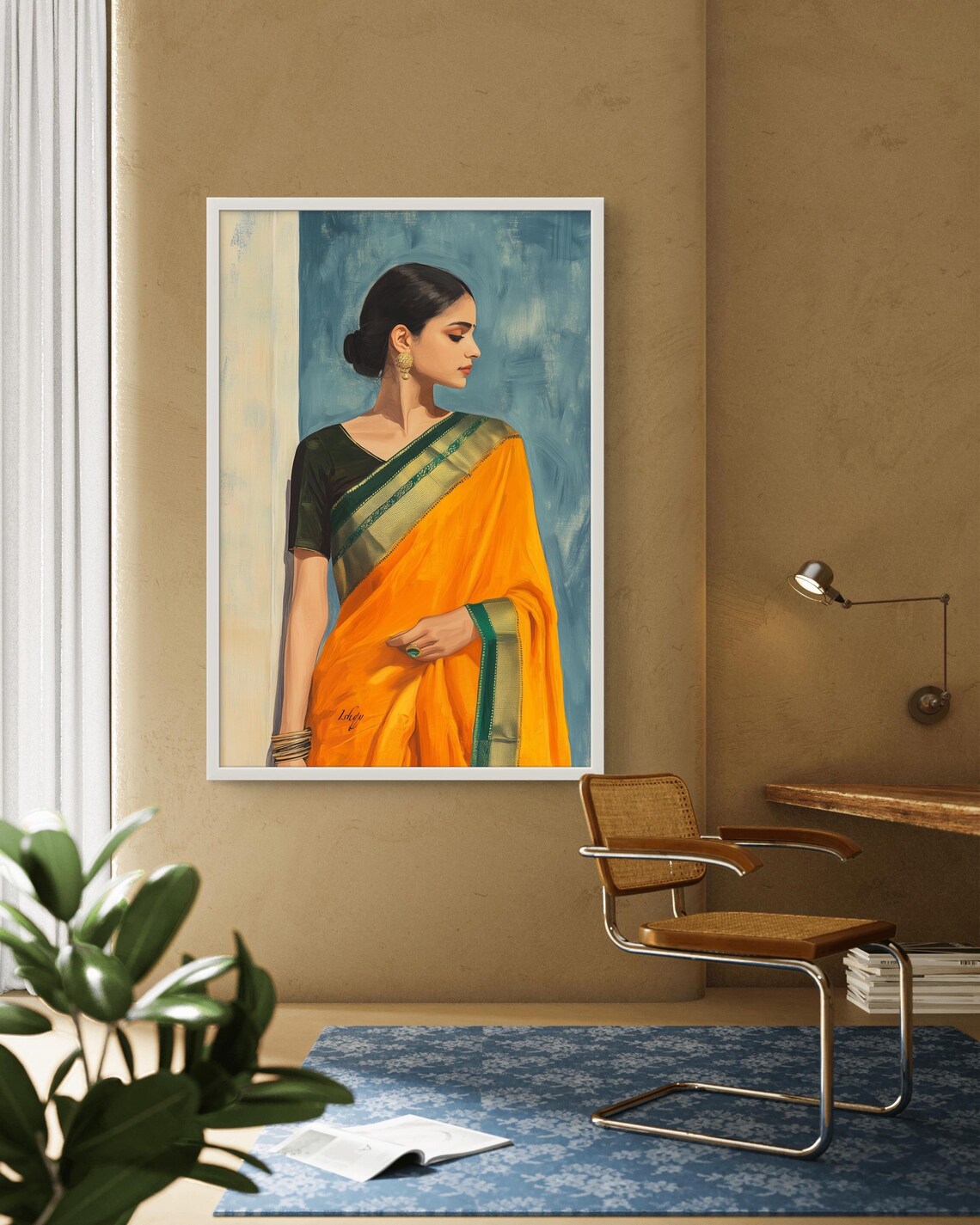 Elegant Indian Woman in Orange Saree Cultural Portrait Painting Poster - Image 3