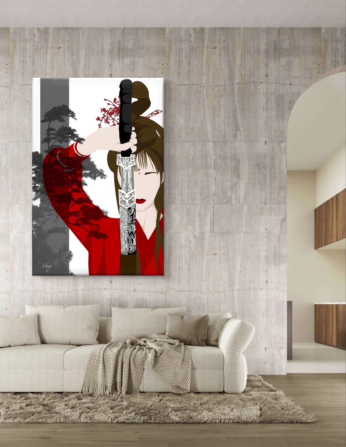 Japanese Warrior Woman Raised Katana Red Kimono Graphic Poster - Image 5