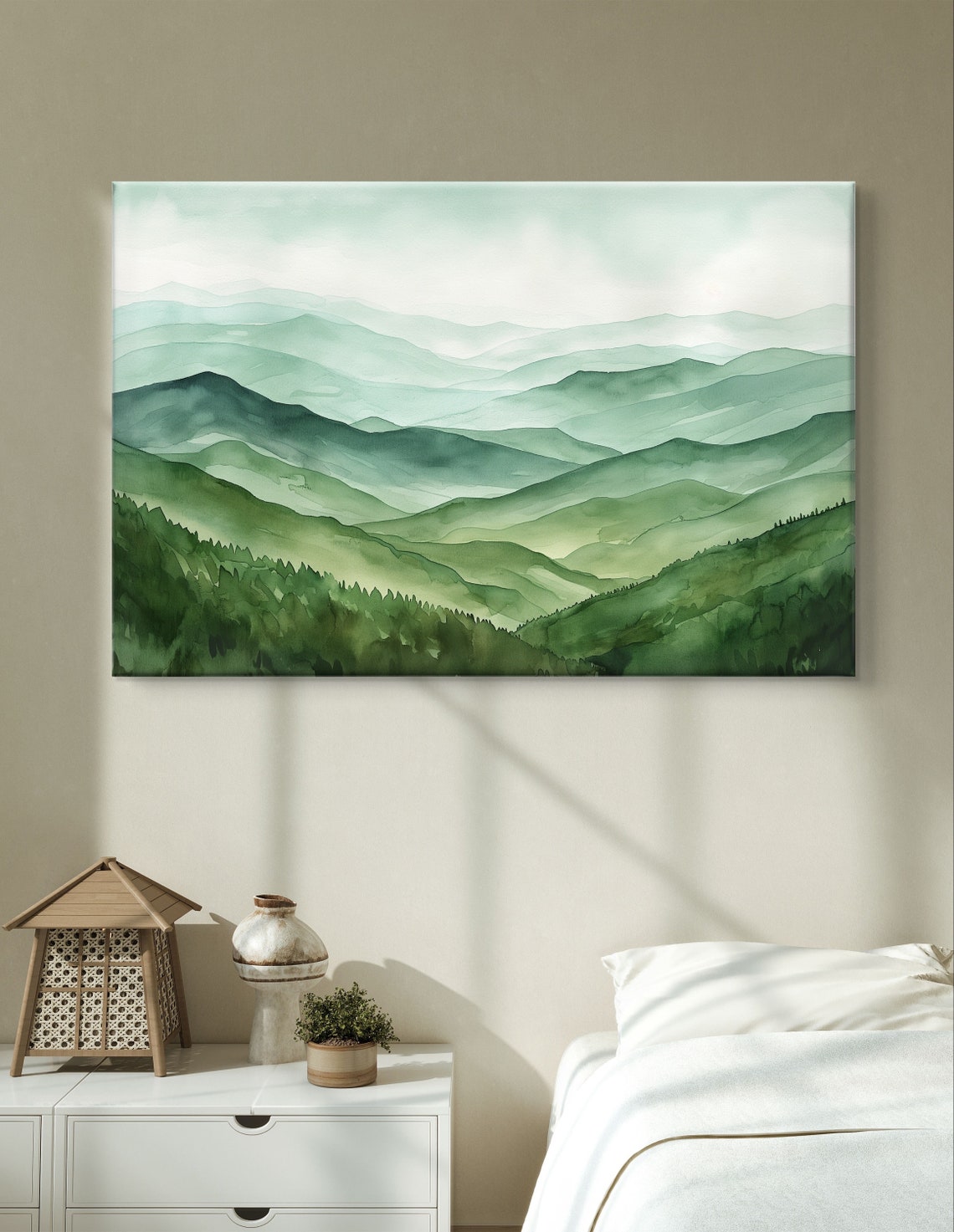 Misty Green Mountain Layers Tranquil Watercolor Landscape Art Poster - Image 4