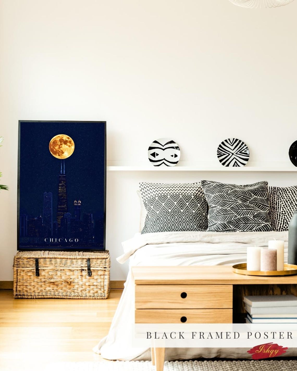 Chicago Skyline Night Full Moon Over Willis Tower City Poster - Image 5