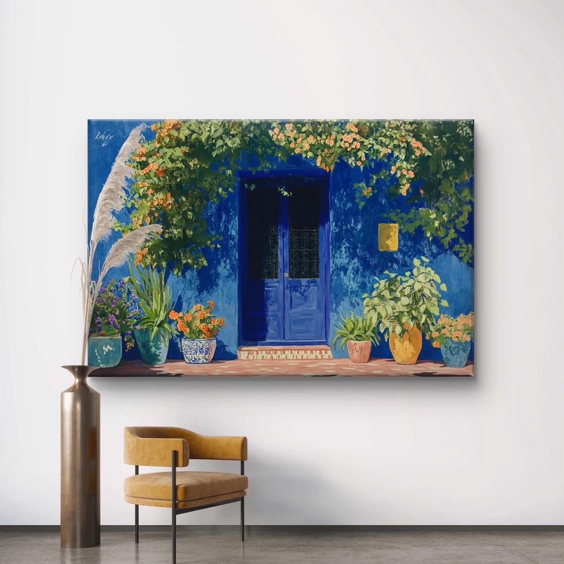 Cobalt Blue Moroccan Doorway Framed by Flowers Painting Poster - Image 6
