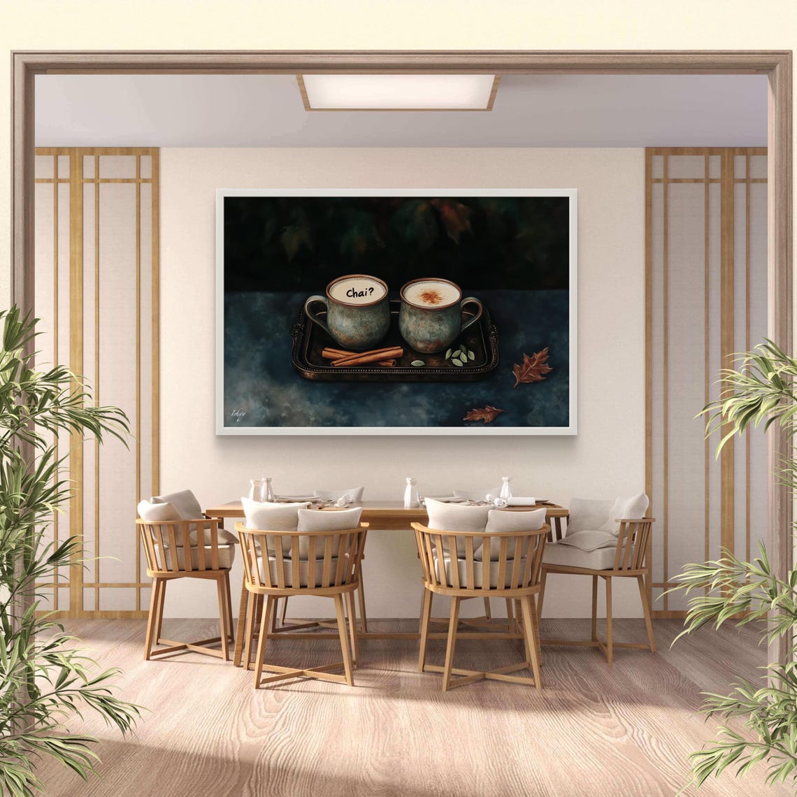 Two Steaming Chai Mugs Cinnamon Sticks Autumn Leaves Kitchen Poster - Image 3