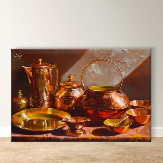 Copper Pots Painting Print Indian Oil Art Framed Kitchen Wall Decor Rustic Cultural Poster Heritage Traditional Home Gift Idea