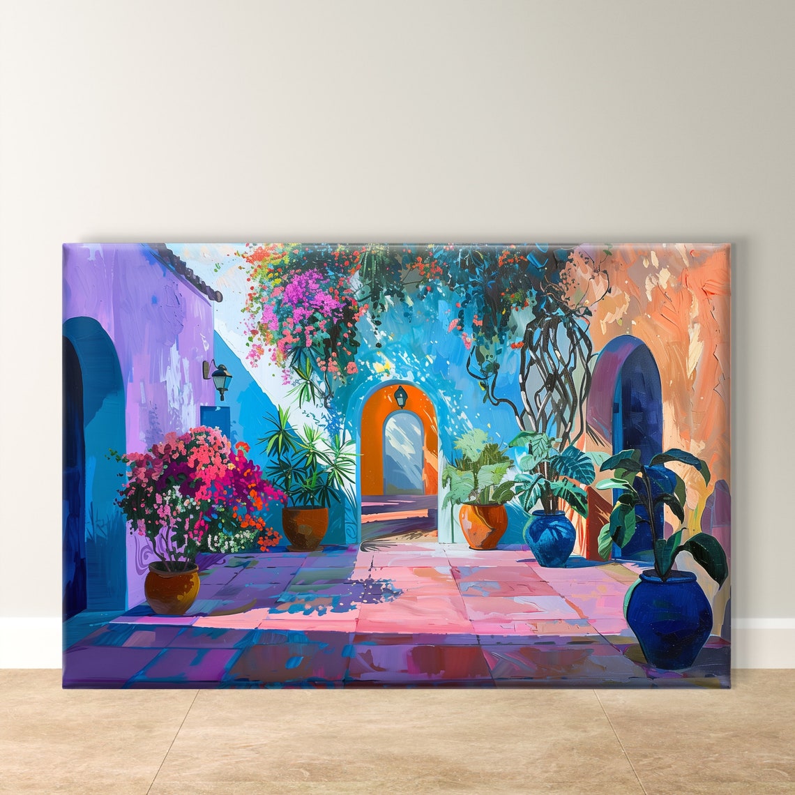Mexican Courtyard Bougainvillea Arched Doors Vibrant Garden Art Poster